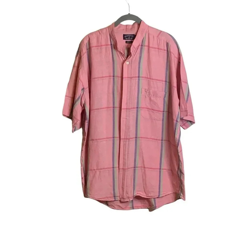 JEZEQUEL FRANCE Cotton Short Sleeve Button Up Shirt Mens Size XL Pink Plaid Golf - Picture 7 of 7